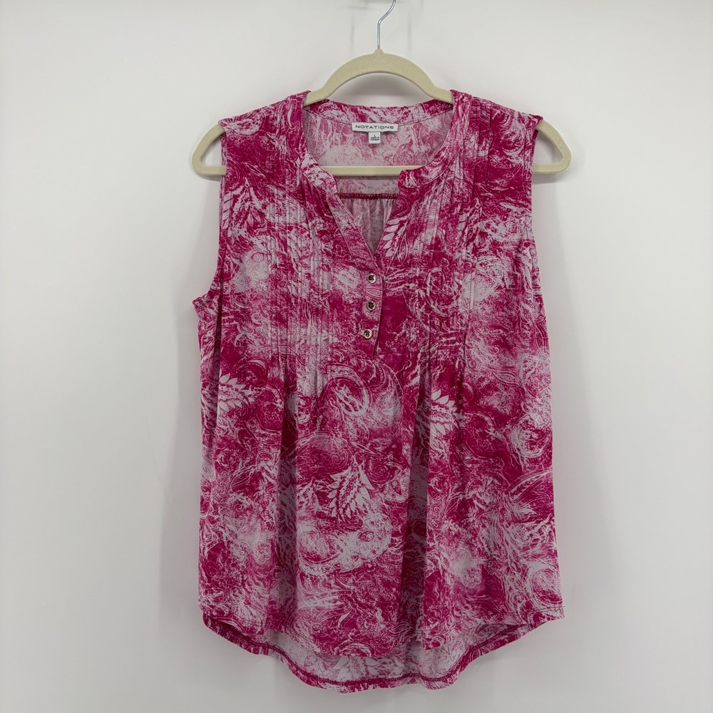 Notations Womens‎ Large Pink Paisley Sleeveless Pintuck Split Neck Top